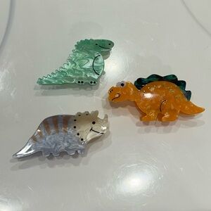 Dinosaur hair clips Set in Green, Orange, and Silver